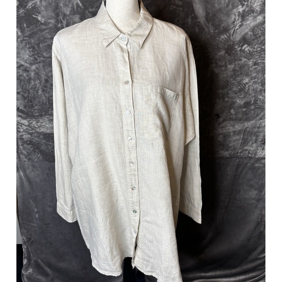 Go Silk Woman Tunic Top Size 1X 100% Linen Lagenlook Beige Front Pocket Buttons - Picture 1 of 15